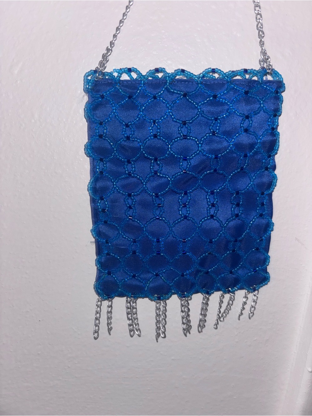 Vintage Blue Beaded Chain Fringe Mini Evening Bag